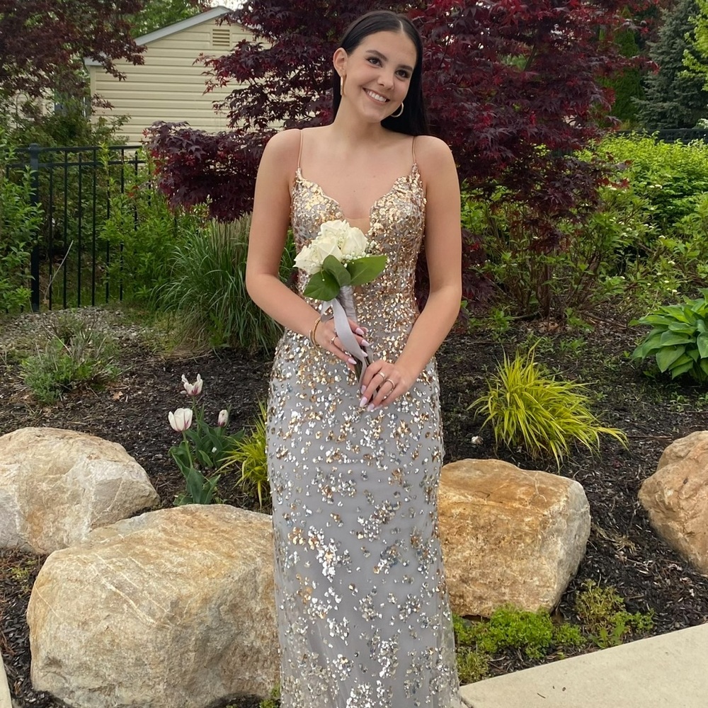 Elegant Gold and Silver Sequin Evening Gown